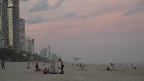 group of people on beach afternoon, tall beachfront buildings gold coast, australia
