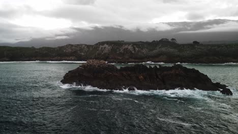 Lonely-island-with-waves-crashing-on-rocks-and-seagulls-flying-near-shorline