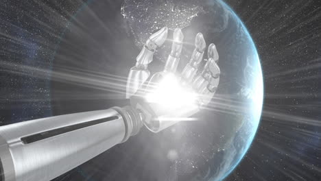 animación digital de un punto brillante de luz contra la mano robótica y el globo contra un fondo negro