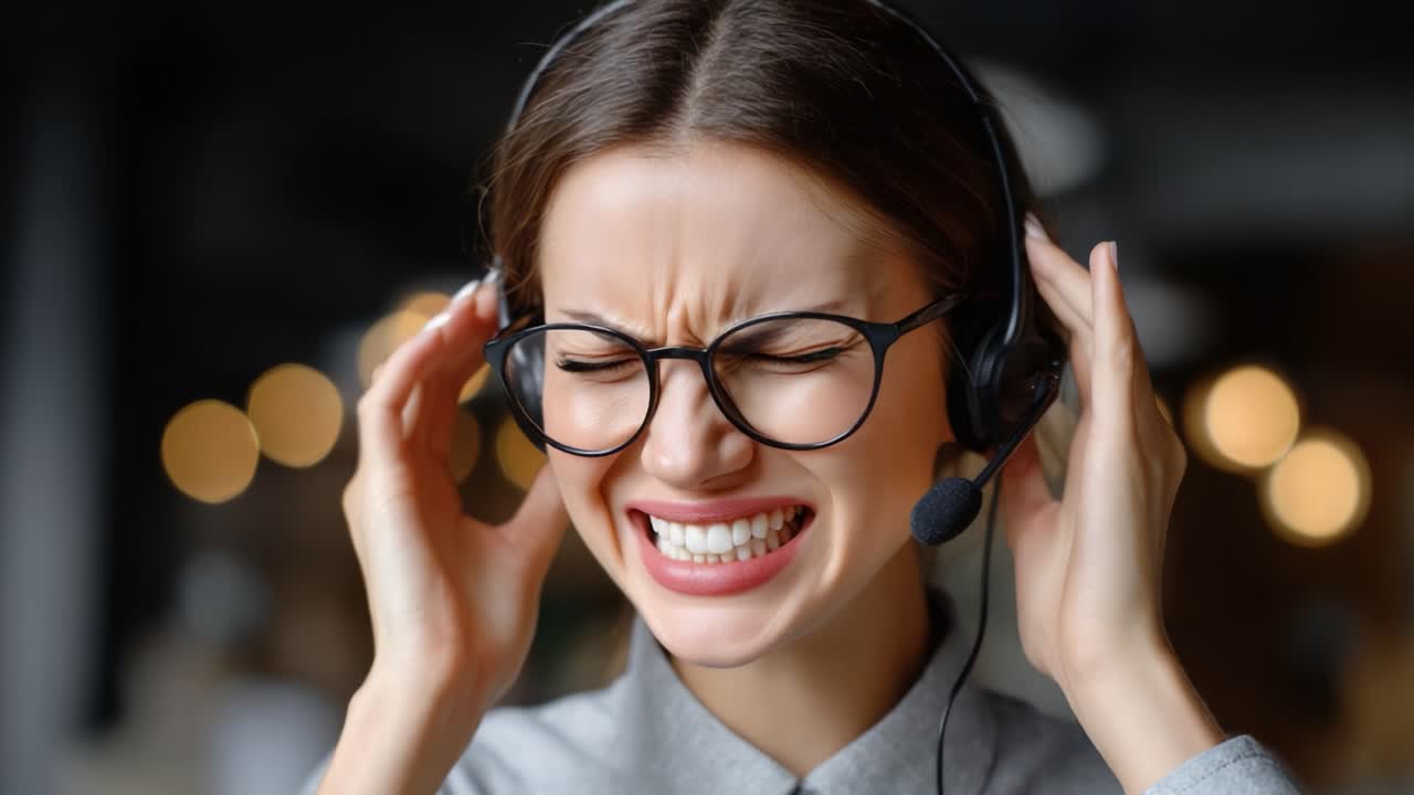 Struggling with Overwhelming Noise: A Young Woman in Headset Experiences Frustration and Distress While Managing Communication Challenges