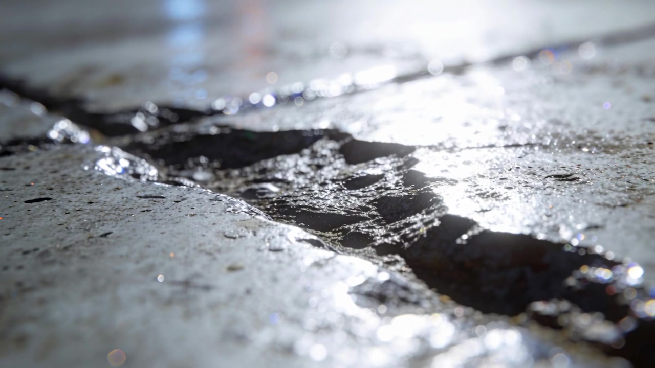Moving camera revealing narrow jagged crack in wet concrete at ground level, highlighting sun glare