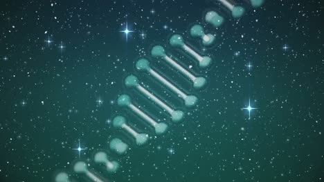 Animation-of-dna-strand-rotating-over-snow-falling-on-black-background