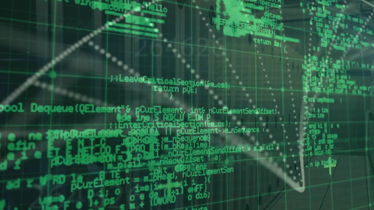 Animation of data processing over grid on black background