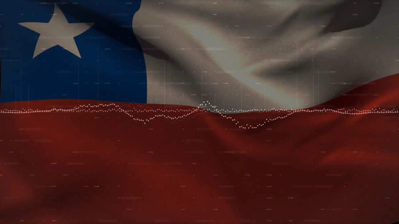 Bandiera cilena sventolante con animazione di elaborazione dati digitali sullo sfondo.