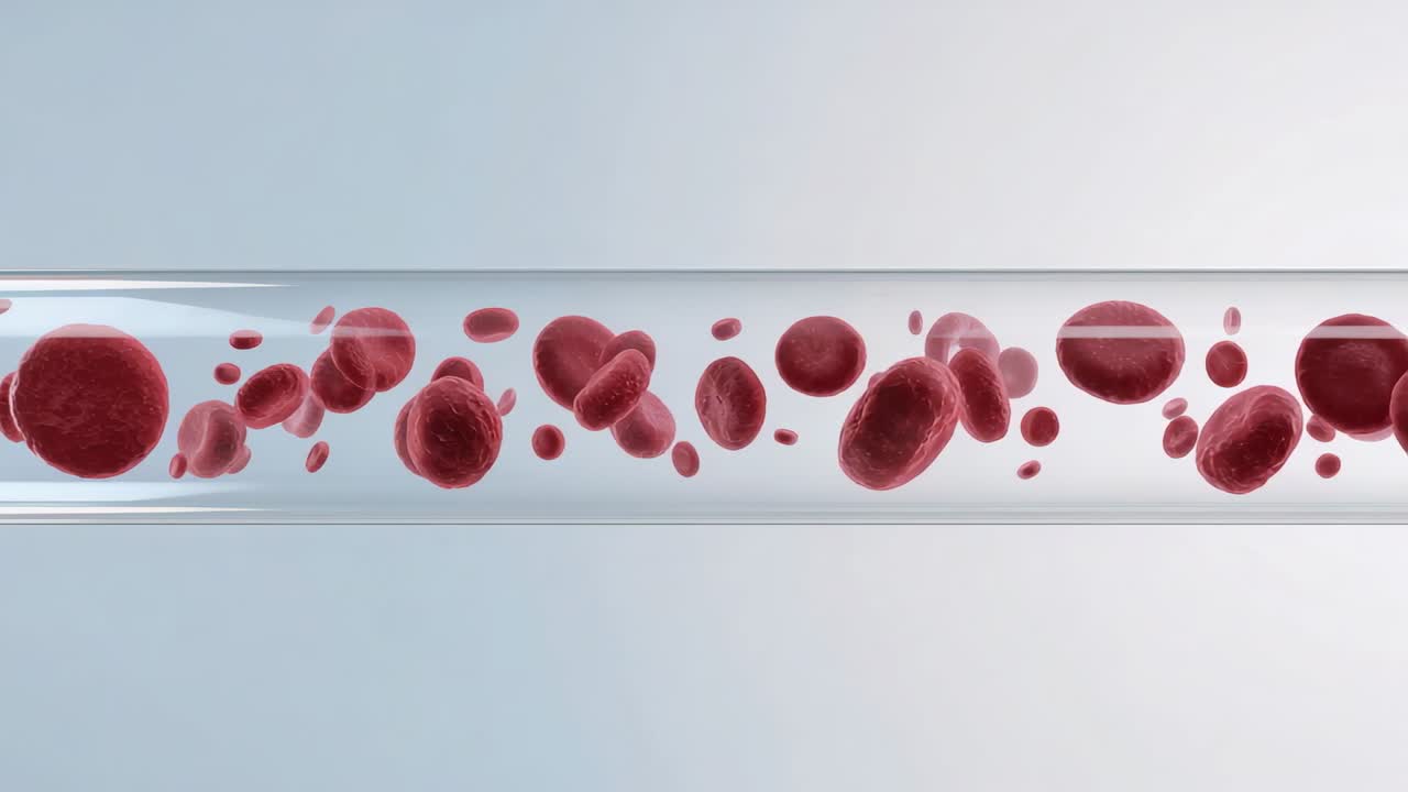 Starting simulation moving clear tube carrying red disc cells in lab, showing highlights for study