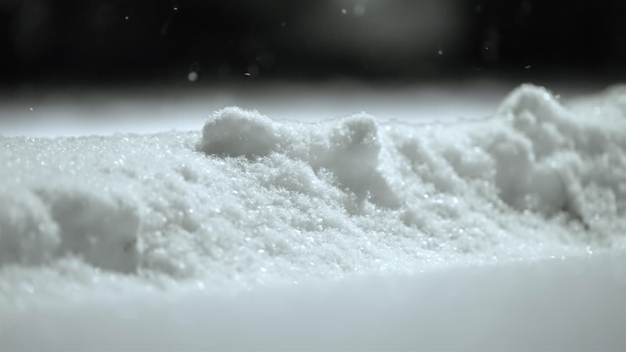 Snowfall close up, snow on the ground, snowflakes still falling, cold winter night, evening, static, copy space