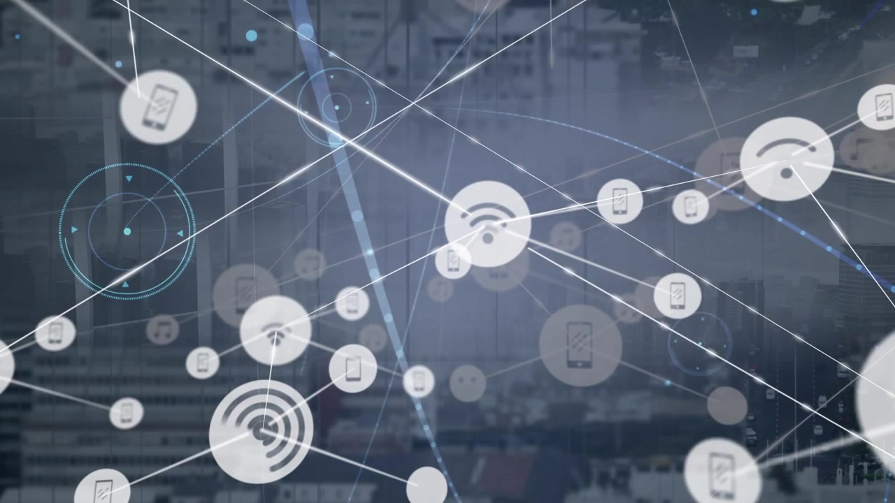 Icone di connessione di rete digitale sovrapposte a un paesaggio urbano