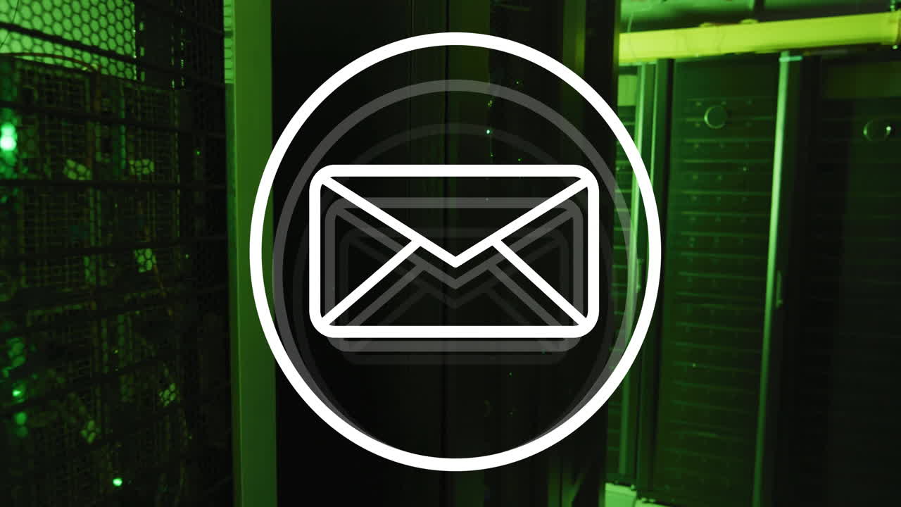 Animation of envelope email icon over dark computer server room
