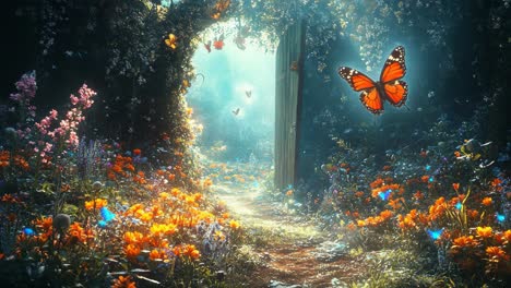 magical floral garden path with open doorway