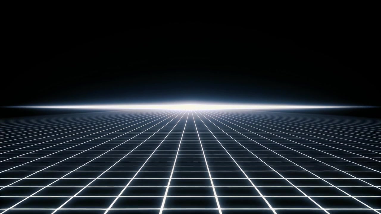 Retro synthwave-stil glødende gitter bevæger sig mod horisonten