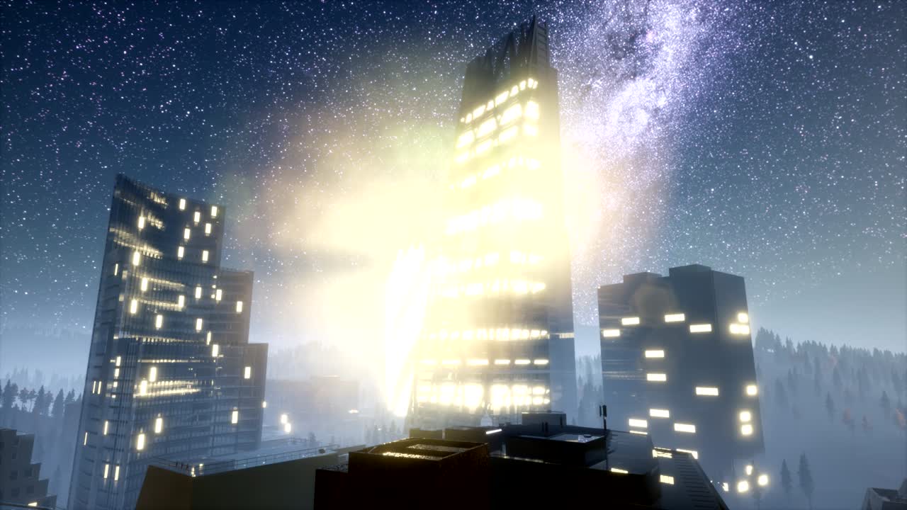 밤에는 은하계의 별들과 함께 도시의 마천루