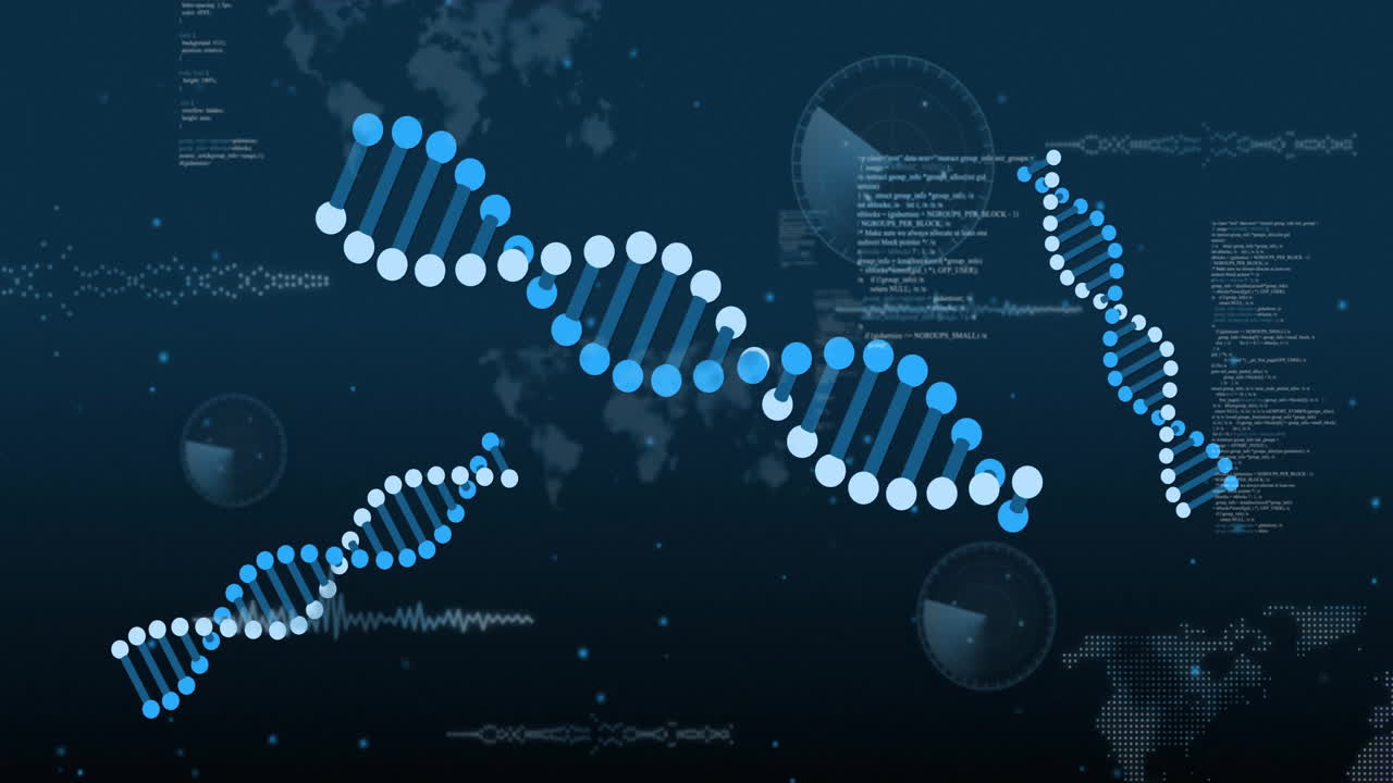 DNA strands and data processing animation over world map background