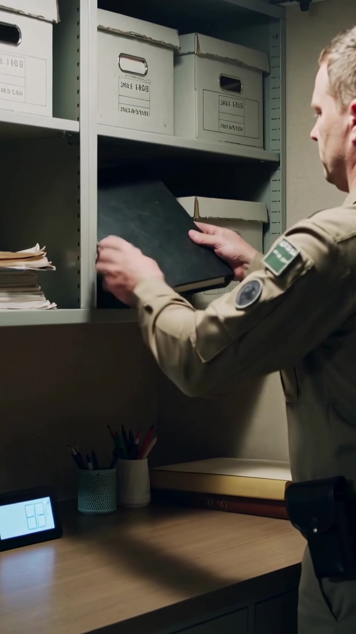 Video verticale: Ufficiale in uniforme beige che prende un raccoglitore nero e lo ripone sulla scrivania dei documenti per archiviare, con spazio per il testo.