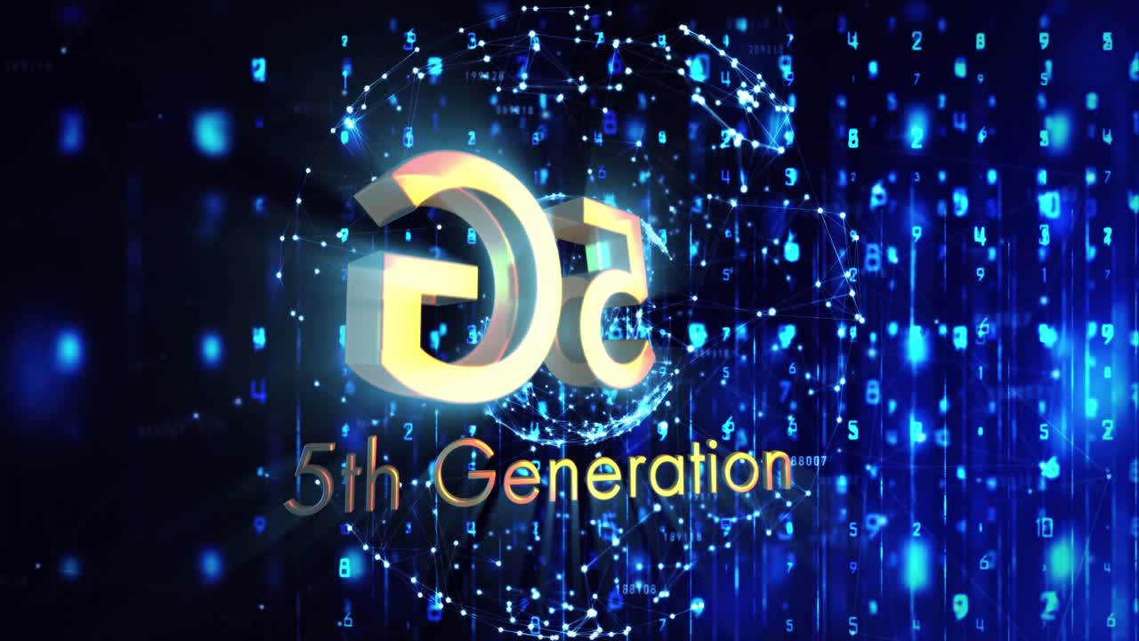 5g 5세대 텍스트의 애니메이션 빛나는 지구가 회전하고 숫자가 변합니다.