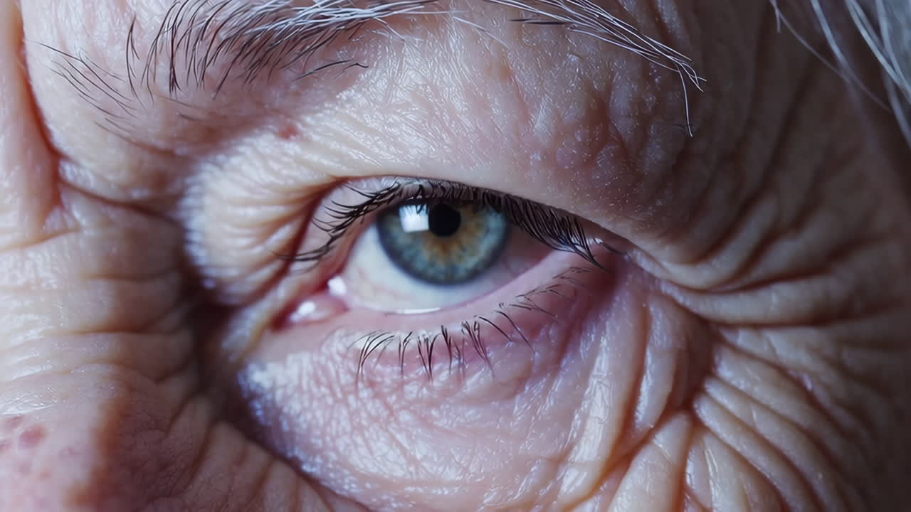 Close-up of an elderly person's eye, showing detailed wrinkles and the iris