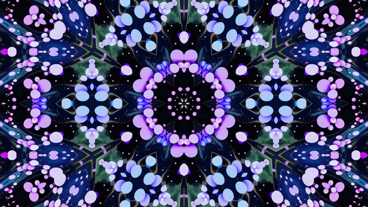 Star symmetry. Kaleidoscope effect from wavy shiny liquid surface with distorted circles float like drops of paint in oil. Creative background with multicolor gradient in 4k. 3d