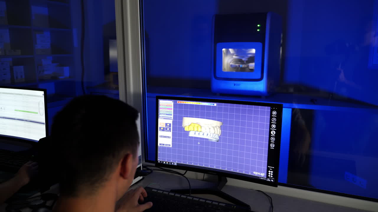 Dental technician modelling implant tooth. Technician in dental laboratory manufacturing prosthesis
