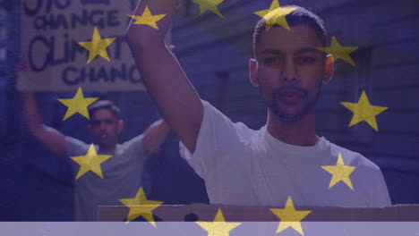 video of eu flag over protesting diverse people