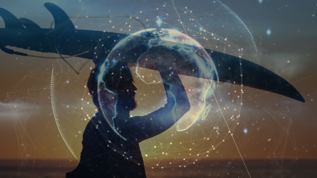 Surfer walking sunset adjusting board preparing to surf while globe mapping tech data over shadow