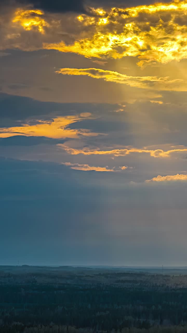 Moody golden blue sky with piercing green orange sun rays above soft darkened forest landscape