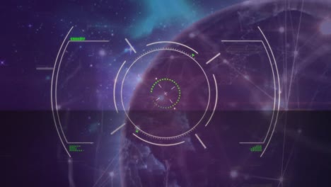 Animation-of-circular-scope-scanning-glowing-globe-with-network-of-connections