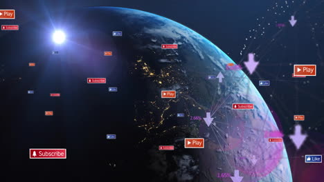 animation of social media notifications processing over globe in space