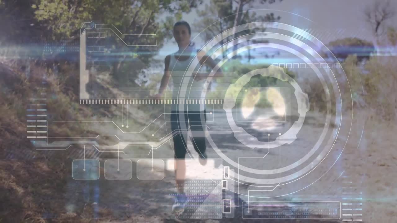 Animazione di schermo digitale ed elaborazione dati su donna atletica che corre