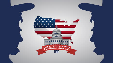 presidents day lettering with usa flag in map and capitol