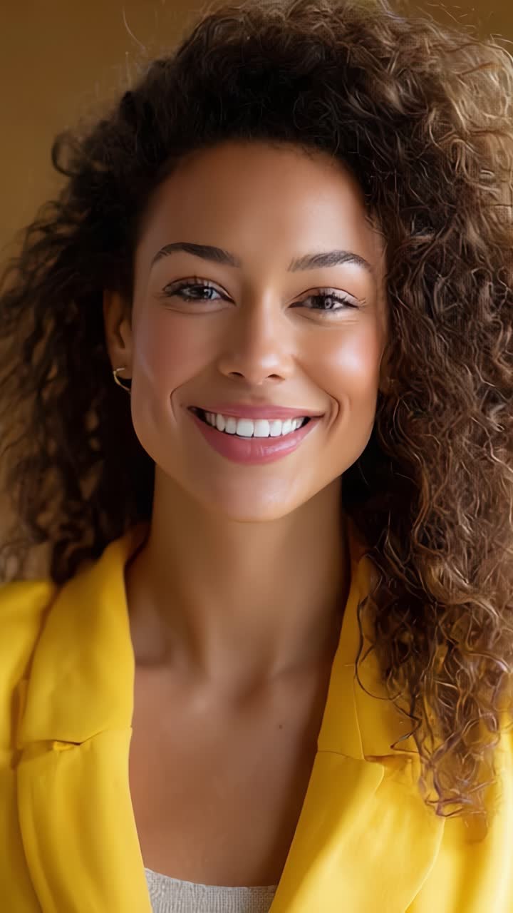 A radiant woman with curly hair smiles brightly, wearing a vibrant yellow blazer, showcasing confidence and joy in an inviting and engaging portrait setting
