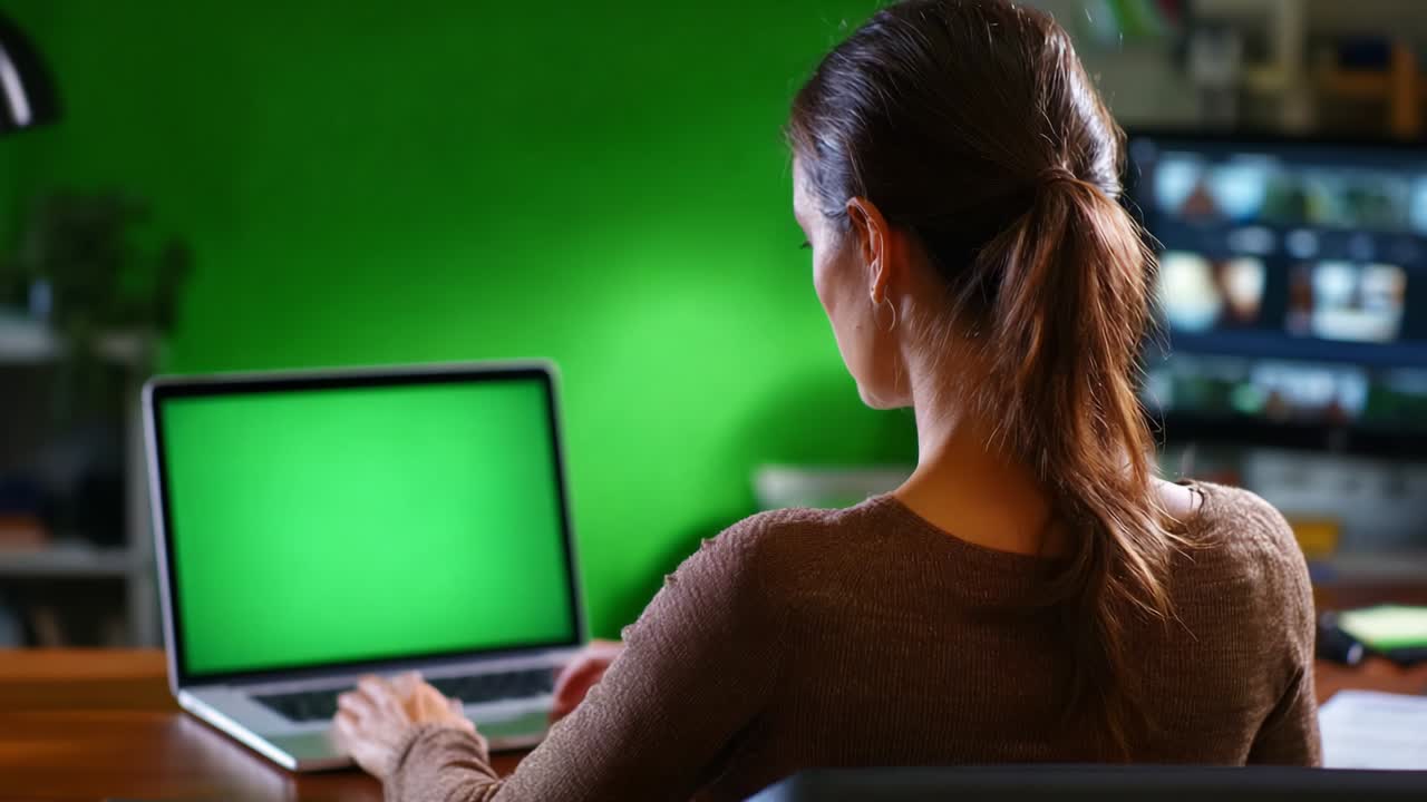 Focused Individual Working on a Laptop in a Dimly Lit Room with a Green Background, Engaged in Creative Work or Editing, Highlighting the Importance of Technology in Modern Life
