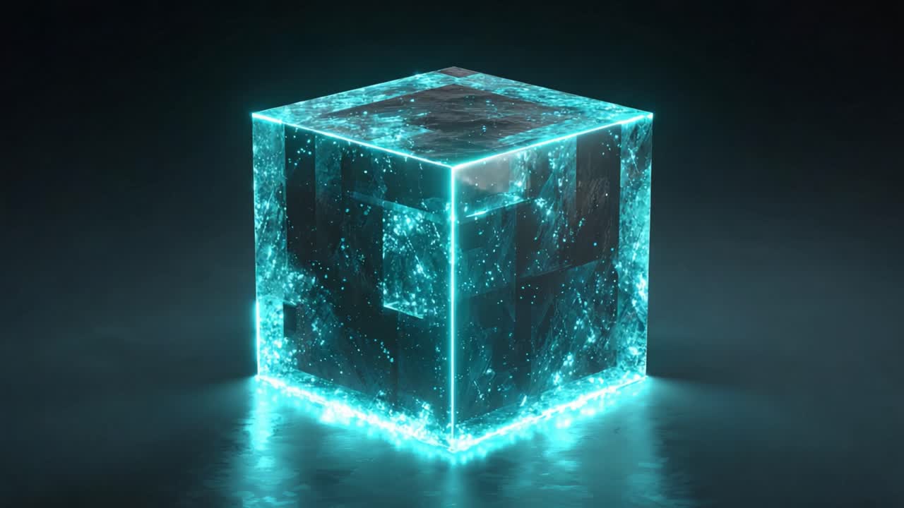Mysterious cyan cube floats and rotates above a glossy dark plane, its ethereal light and sparkling energy particles contained in glass, evoking futuristic tech and quantum mystery