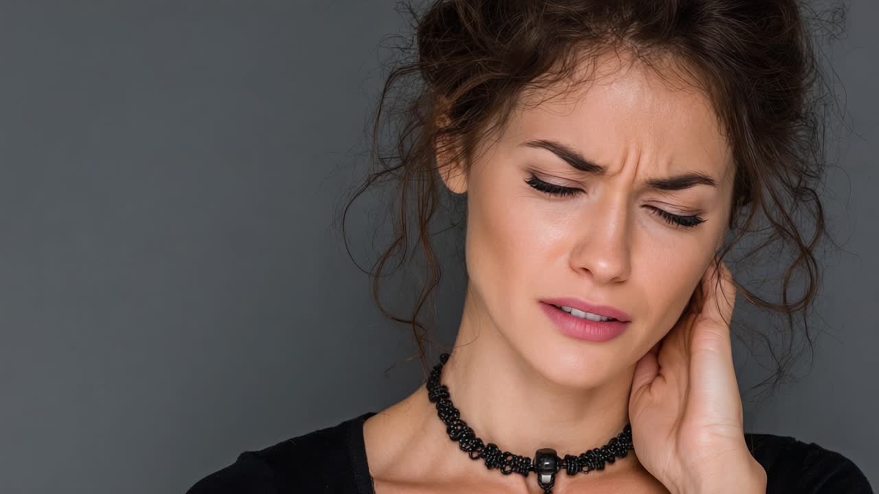 Una donna esprime disagio e angoscia, toccandosi delicatamente il collo mentre le emozioni si manifestano attraverso le sue espressioni facciali, mostrando vulnerabilità e introspezione.