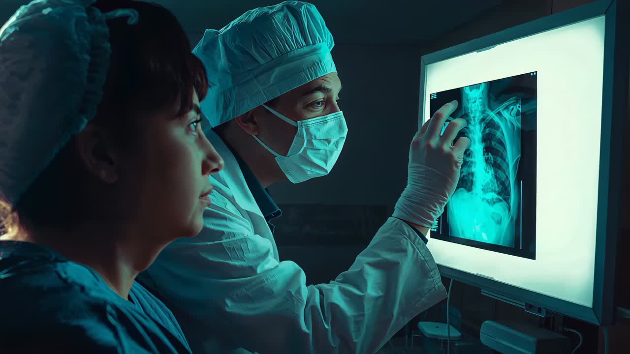 Responding to lightbox glow, clinician in cap explaining chest radiograph to patient in clinic
