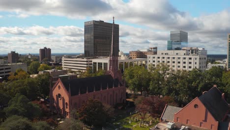 an aerial of first presbyterian church in columbia, south carolina, including the skyline from right to left