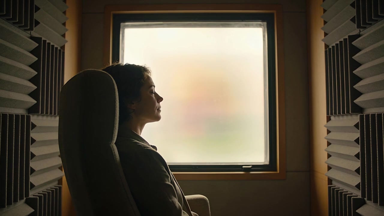 Sitting woman in dark top seeing window light, tilting head, closing-eyes in booth with chair foam
