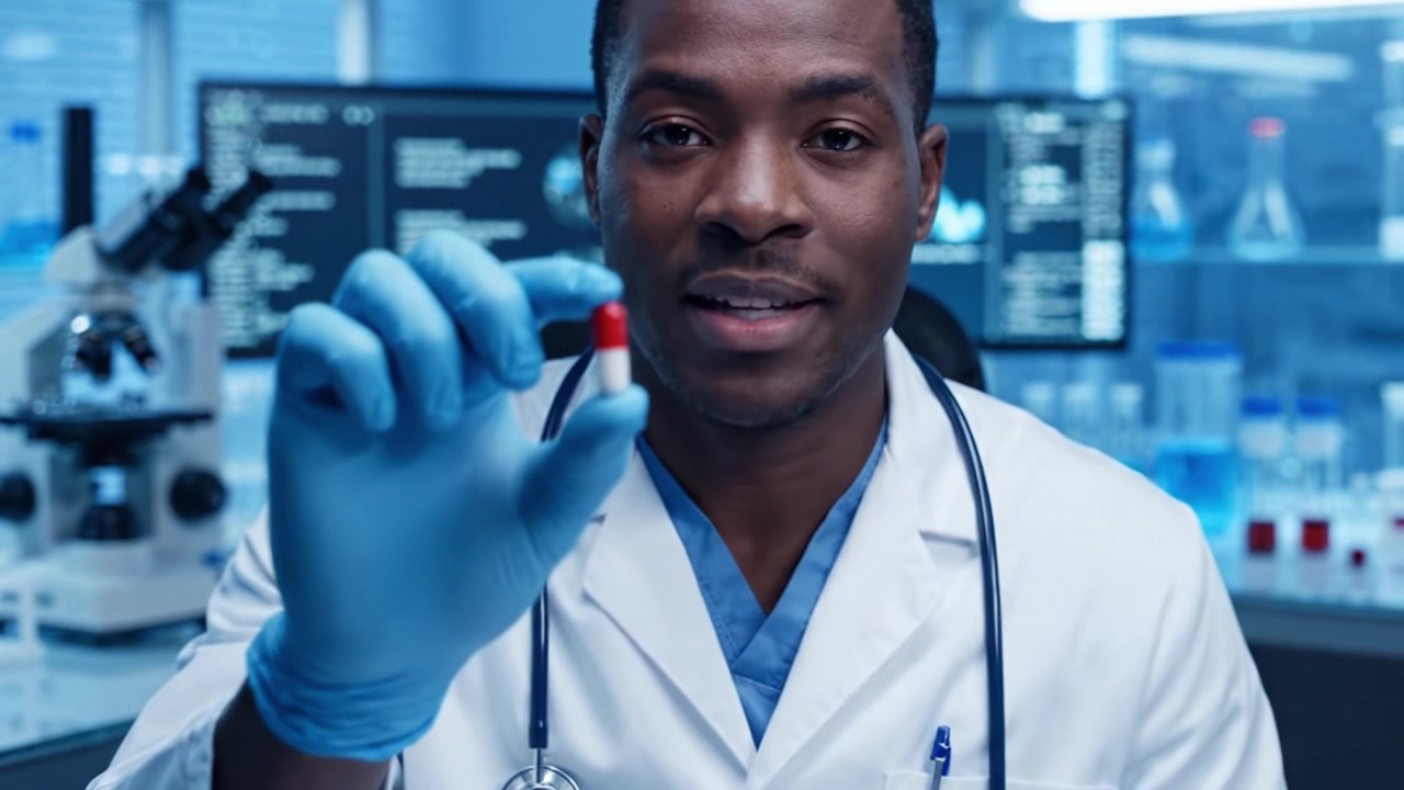Un ricercatore dedicato dimostra capsule farmaceutiche in un contesto di laboratorio moderno, evidenziando i progressi medici e la scoperta scientifica.
