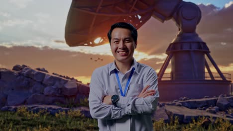 shot captures of an asian male professional worker standing with large satellite dish, his broad smile at the camera and cross his arm over his chest