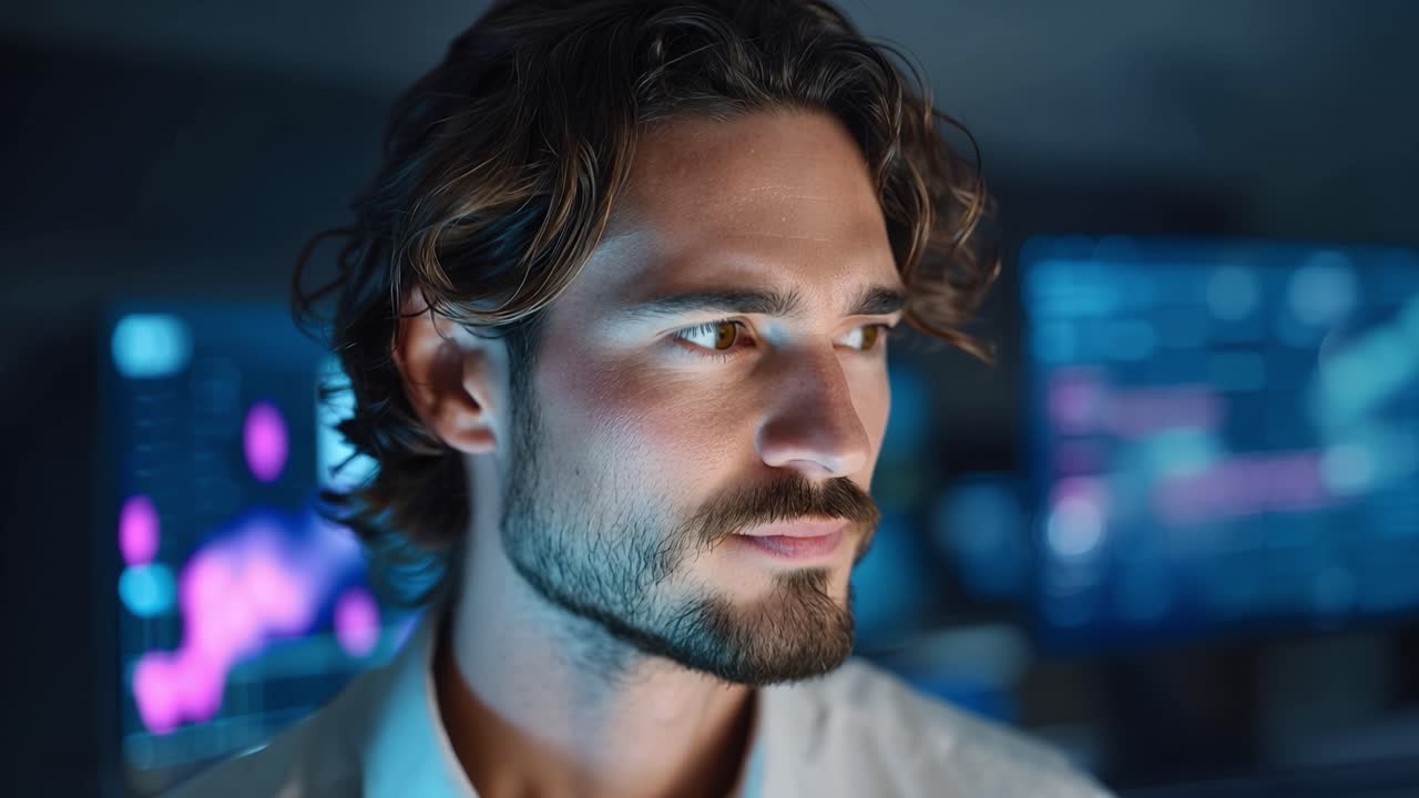 A focused individual contemplates data amidst glowing screens, showcasing technology and analytical thinking in a modern workspace