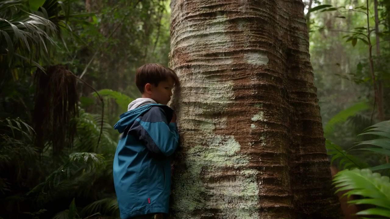A young child seen from behind stands beside a massive tree trunk in a dense tropical rainforest, surrounded by lush foliage, ferns, and vibrant greenery