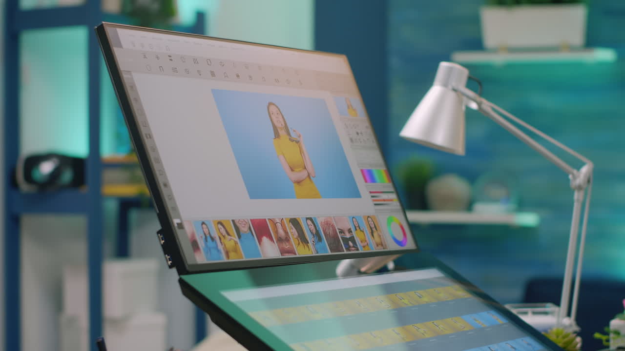 Close up of retouching app on computer in empty studio