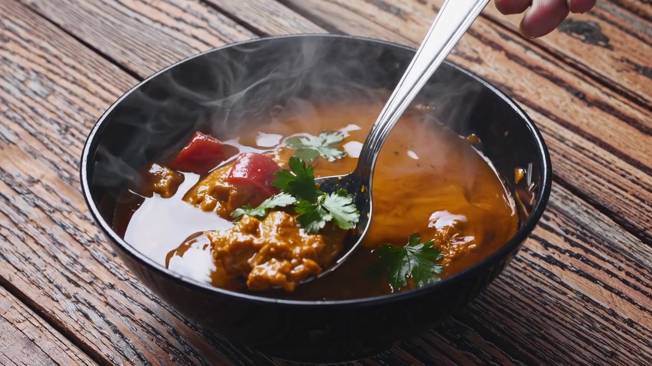 Cucchiaio che solleva curry indiano caldo da una ciotola nera