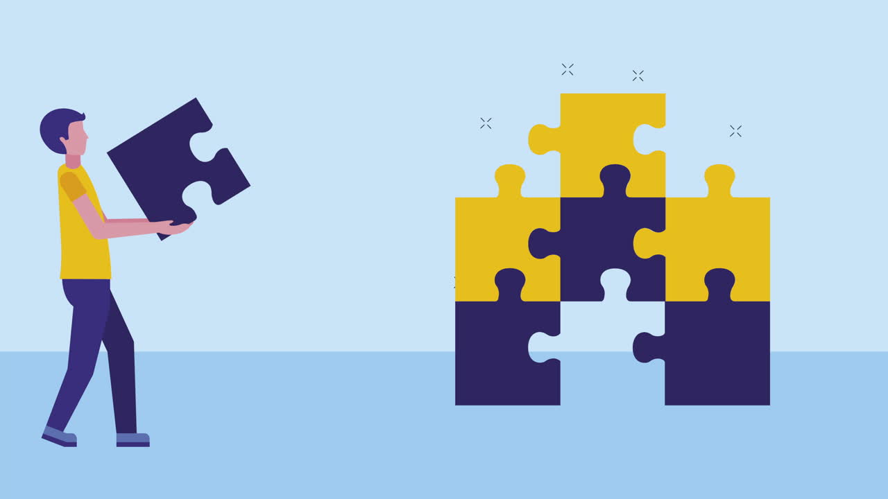 young businessman lifting puzzle piece character animation