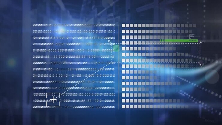 Animation of looping binary codes and loading bars over server room in background