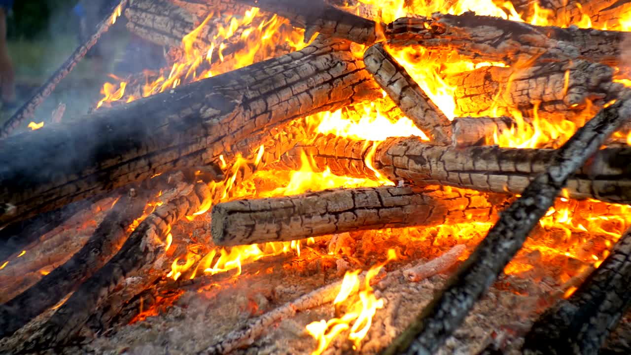 큰 캠프 불은 밤에 숲에서 나가지에서 불타고 있습니다.