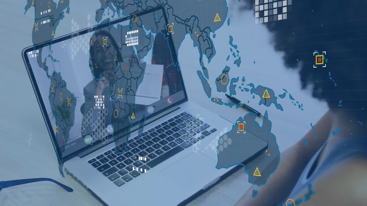 Viewer opening meeting app on laptop, speaker gesturing over tech map fading in for data briefing