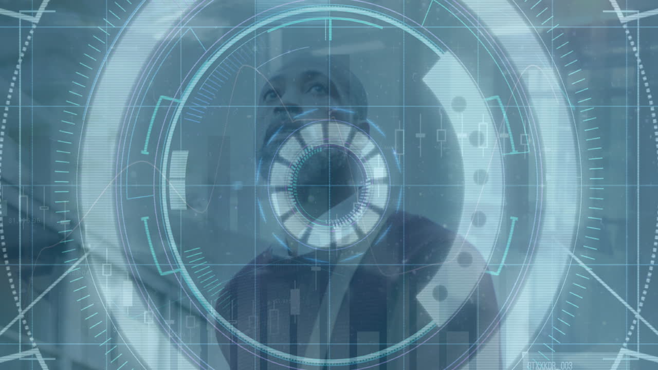 animación de procesamiento de datos y escaneo de alcance sobre empresario afroamericano