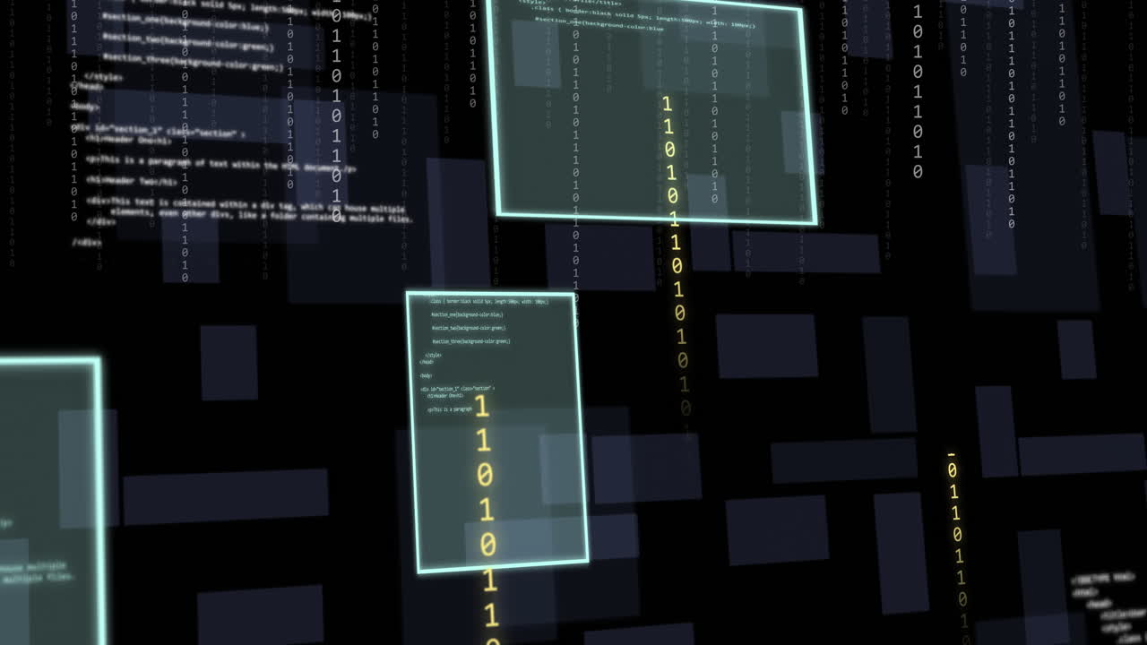 Animation of digital data processing and screens over dark background