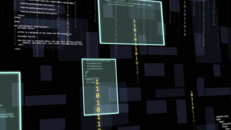 animación del procesamiento de datos digitales y pantallas sobre fondo oscuro