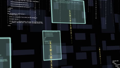 animation of digital data processing and screens over dark background