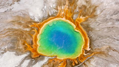 aerial 4k footage of grand prismatic spring in yellowstone national park, wyoming, usa